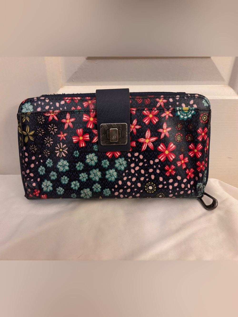 Sakroots Navy Floral Zip Wallet with Teal & Pink Accents